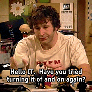 a GIF image of a man on the phone calling IT Tech support